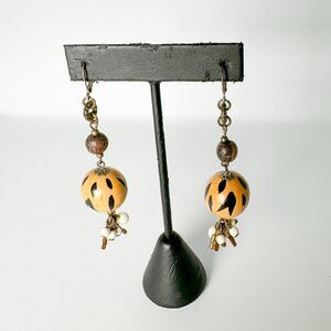 Vintage Hand Painted Wooden Bead Earrings Boho Charm Dangle Light Gift Retro
